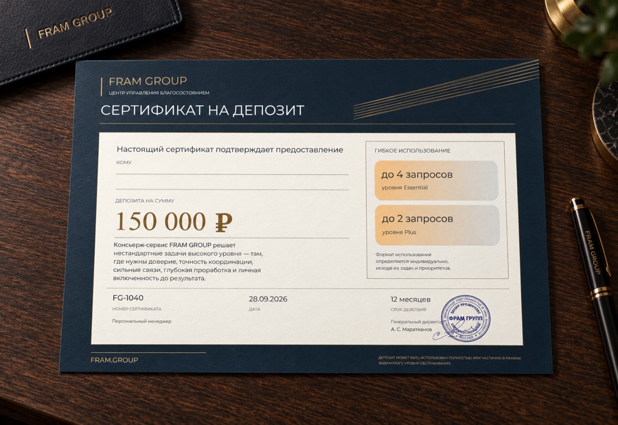 Напечатанный сертификат FRAM GROUP на темном дереве рядом с кожаной папкой