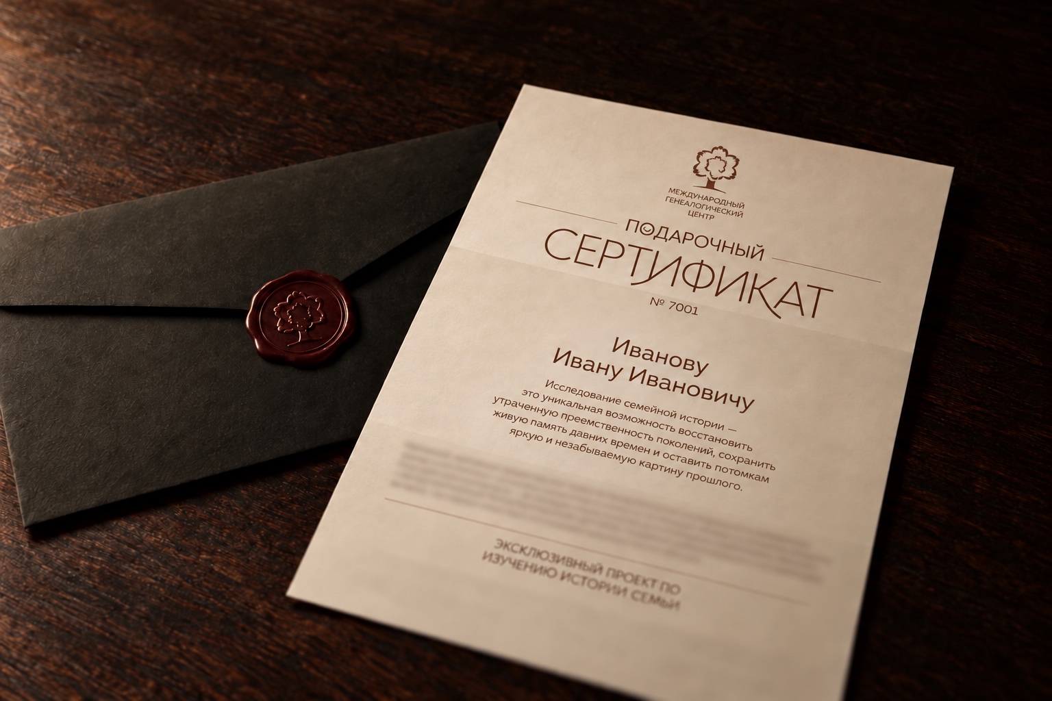 An MGC gift certificate in the Premium format with an envelope and a wax seal